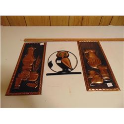 1960/70s COPPER WALL HANGINGS, OWL, LANTERN, TEA POT