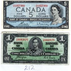 1937 COYNE/TOWERS 1 DOLLAR NOTE & 5 DOLLAR 1954 BOUEY/RASMINSKY