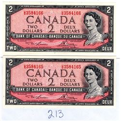 TWO CONSECUTIVE NUMBERED 1954 2 DOLLAR BILLS UNCIRCULATED
