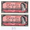 Image 1 : TWO CONSECUTIVE NUMBERED 1954 2 DOLLAR BILLS UNCIRCULATED