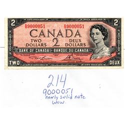 SCARCE SERIAL NUMBER 2 DOLLAR 1954 NOTE NUMBERED 90000051 NEARLY MILLION NUMBER NOTE