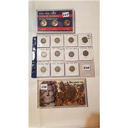 US COIN LOT, 3 ANTHONY $1, 11 NICKLES, V-TYPE, PENNIES