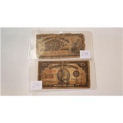 TWO 25 CENT NOTES, SHIN PLASTERS, 1900 & 1923