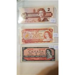 3 DIFFERENT $2 BILLS, 2 UNC 1974, 86 AND 1954, FINE