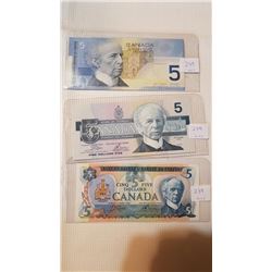 3 DIFFERENT $5 BILLS, 2 UNC, 1986, 2002 & UF 1979