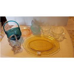 GLASS LOT, CREAM/SUGAR BOW & PLATE IS DEPRESSION