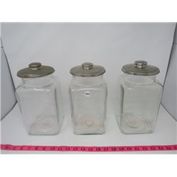 3 AUTHENTIC GLASS CANDY JARS W/NICKEL LIDS