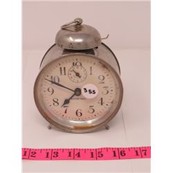 FOOTED SILVER BELLS NICKEL ALARM CLOCK, WORKING, NICE CONDITION