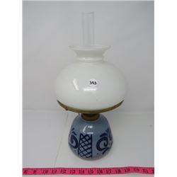 COSMOS BURNER LAMP W/MILK GLASS SHADE & ORIGINAL CHIMNEY