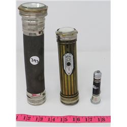 3 FLASHLIGHTS RARE BULLSEYE EVERREADY, YALE BEVELLED GLASS & ANTIQUE MINIATURE