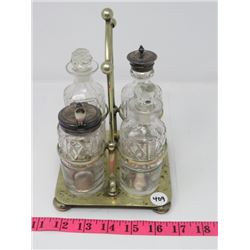 ANTIQUE CRUET SET, SILVE PLATE STAND, COMPLETE