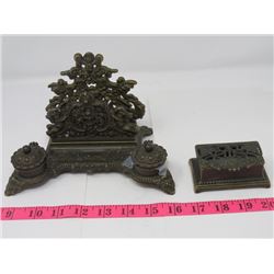 ORNATE BRASS INKWELL/STAMP DISPENSER SET