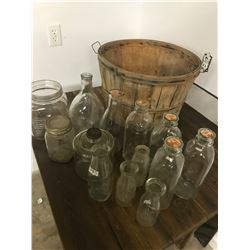 BASKET OF 9 MILK BOTTLES, 4 MISC JARS, ETC