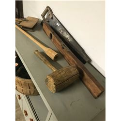 LOT OF OAK MALLET, SAWS, MASHER, LEVEL