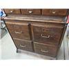 Image 10 : OAK OFFICE CABINET 63.5"X34X16.5"D ORIGINAL, 4 LG DRAWERS, 9 SM DRAWERS, 12 PULL OUT TRAYS, BRASS PU