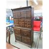 Image 1 : OAK OFFICE CABINET 63.5"X34X16.5"D ORIGINAL, 4 LG DRAWERS, 9 SM DRAWERS, 12 PULL OUT TRAYS, BRASS PU