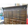 Image 6 : OAK OFFICE CABINET 63.5"X34X16.5"D ORIGINAL, 4 LG DRAWERS, 9 SM DRAWERS, 12 PULL OUT TRAYS, BRASS PU