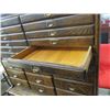 Image 7 : OAK OFFICE CABINET 63.5"X34X16.5"D ORIGINAL, 4 LG DRAWERS, 9 SM DRAWERS, 12 PULL OUT TRAYS, BRASS PU