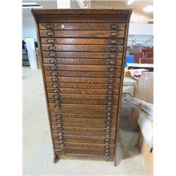 OAK OFFICE CABINET, ORIGINAL 25 DRAWERS, BRASS PULLS (I MISSING) BOTTOM DRAWER DAMAGED, 55HX 26W 19D