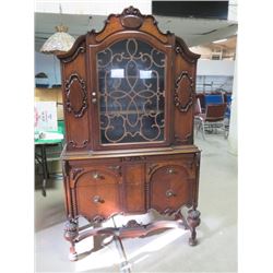 WALNUT CHINA CABINET/HUTCH 3 SHELVES, 2 DOORS, ORIGINAL, BRASS PULLS, 74.5h TOP 39W X 15"D, BOTTOM 4