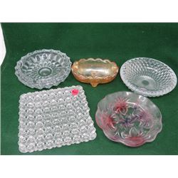 LOT OF 5 DISHES, CARAMEL COLORED CANDY DISH, SQUARE & PINK TINTED DISH,  2 ASHTRAYS