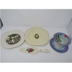 LOT OF SOUVENIR PLATES (2) BOWL (CHIPPED), SAUCER & PIE SERVER