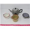 Image 1 : ENAMEL WARE 4 CUPS, SOME RED/WHITE + CREAM/RED, ALUMINUM TEA POT