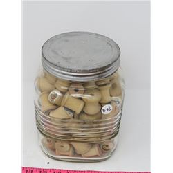 RETRO JAR FULL OF WOODEN THREAD SPOOLS