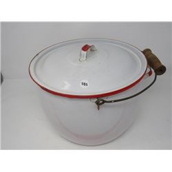 RED/WHITE 6 QT ENAMEL COOKING POT LID, HANDLE, VINTAGE
