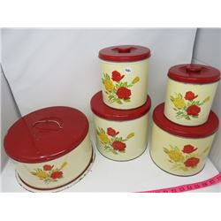 4 PCE METAL CANISTER SET, CAKE CARRIER YELLOW W/RED ROSE PATTERN, VINTAGE