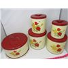 Image 1 : 4 PCE METAL CANISTER SET, CAKE CARRIER YELLOW W/RED ROSE PATTERN, VINTAGE