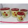 Image 2 : 4 PCE METAL CANISTER SET, CAKE CARRIER YELLOW W/RED ROSE PATTERN, VINTAGE