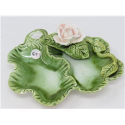 GREEN LEAF PATTERN W/ ROSE 2 COMPARTMENT CANDY DISH (CHIPPED)
