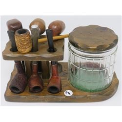 PIPE STAND W/ TOBACCO HUMIDOR, 7 PIPES