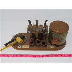 PIPE STAND W/ TOBACCO HUMIDOR, ASHTRAY, 8 PIPES, FILTERS, PIPE CLEANERS, BOWL CLEANER