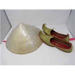 2 VIETNAMESE FIELD HATS & CEREMONIAL SLIPPERS