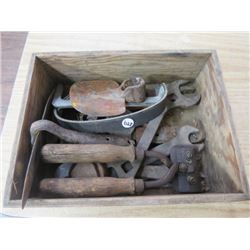 BOX OF TOOLS, GAS LID, HOE BLADES, CLIPPERS