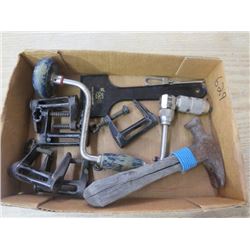 5 WOOD CLAMPS, HAND BRACE, VERY OLD HAMMER