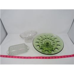 3 PCS GREEN PLATE ON STAND, FOOTED CANDY DISH, BUTTER DISH