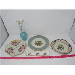 BLUE VASE, PICKLE DISH, HAND PAINTED NORITAKE DISH, WEDGEWOOD PLATE, DECORATOR PLATE