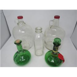 LOT OF 5 2 160OZ JUGS, 2 GREEN CNDN WHISKEY BOTTLES 1 MILK BOTTLE