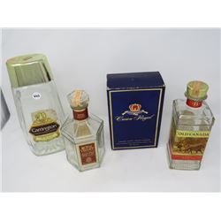 4 LIQUOR BOTTLES, ROYAL VELVET, MCGUINNES, CROWN ROYAL, CARRINGTON