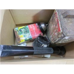 BOX OF TINS, COLEMAN, ESSO IOSOL, BELL, LIGHTS