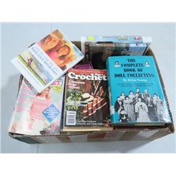 BOX OF KNITTING, CROCHET PATTERNS, DOLL COLLECTION, VHS/DVDS, MUSIC BOOKS