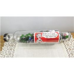 GLASS ROLLING PIN W/ ORIGINAL LABEL, MARBLES
