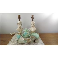 VANITY SET W/JEWELRY, JADEITE SOAP DISH W/MINI PITCHER (PLUG DAMAGED) COLONIAL LAMP BASES (REPAIRS O