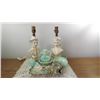 Image 1 : VANITY SET W/JEWELRY, JADEITE SOAP DISH W/MINI PITCHER (PLUG DAMAGED) COLONIAL LAMP BASES (REPAIRS O
