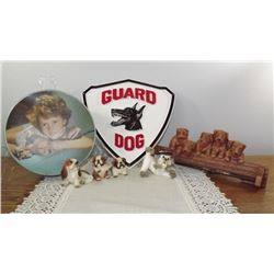 LOT OF DOG COLLECTIBLES, 2 DOGS, (HARVEY KNOX KINGDOM) 2 JAPAN, 1 BISCUIT TIN (ENGLAND) 1 DOG TOWEL