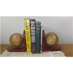 GLOBE BOOKENDS, 4 VINTAGE BOOKS