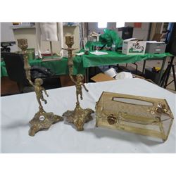 BRASS CHERUB CANDLE STICK HOLDERS, TISSUE BOX COVER